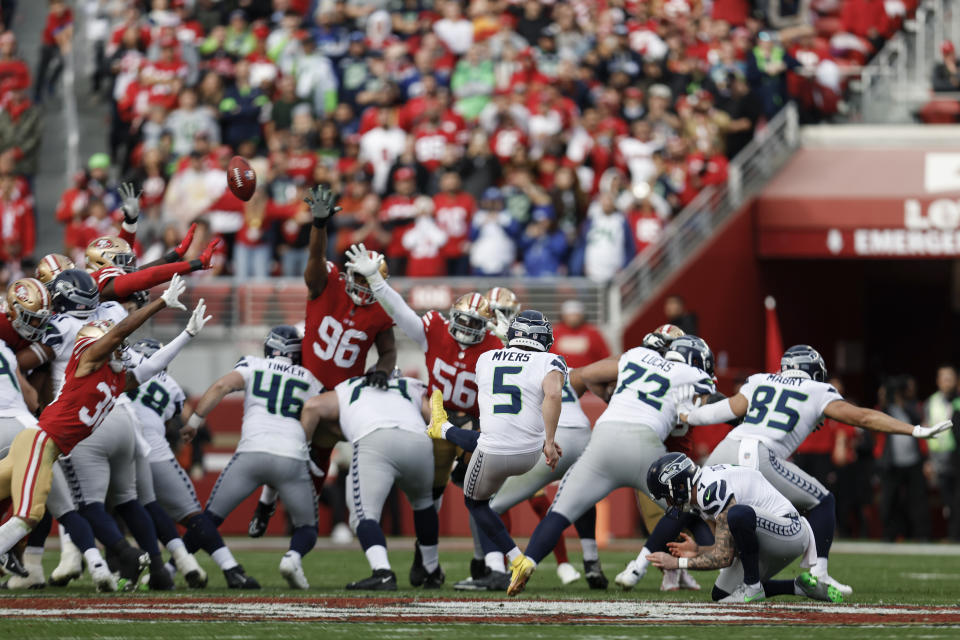 Seattle Seahawks place kicker Jason Myers (5) kicks a 56-yard field goal during the first half of an NFL wild card playoff football game against the San Francisco 49ers in Santa Clara, Calif., Saturday, Jan. 14, 2023. (AP Photo/Jed Jacobsohn)