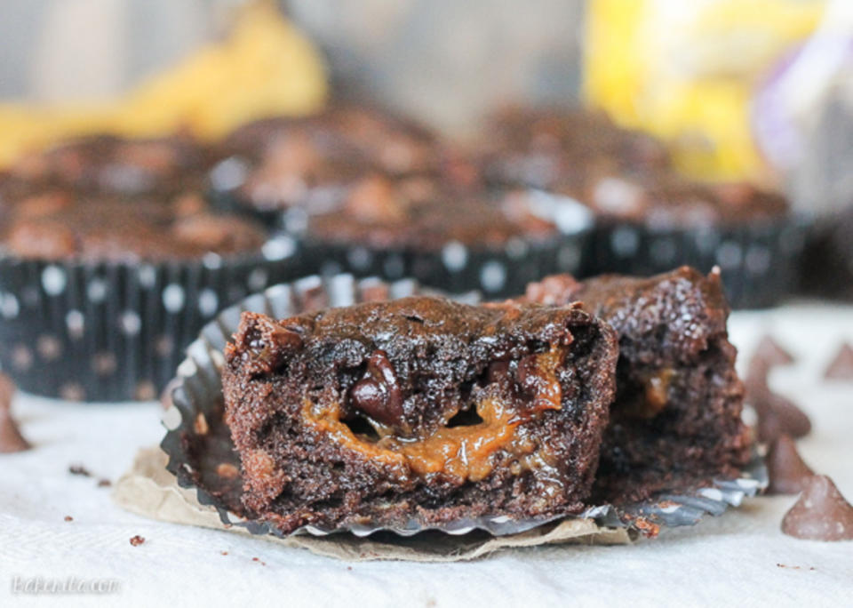 <p>These Caramel Filled Chocolate Banana Bread Muffins are loaded with caramel filled DelightFulls in moist, chocolatey banana bread muffins! The caramel center makes this easy, one-bowl recipe even more delicious.<a href="http://www.bakerita.com/caramel-filled-chocolate-banana-bread-muffins/" rel="nofollow noopener" target="_blank" data-ylk="slk:Get the recipe here.;elm:context_link;itc:0;sec:content-canvas" class="link ">Get the recipe here.</a></p>