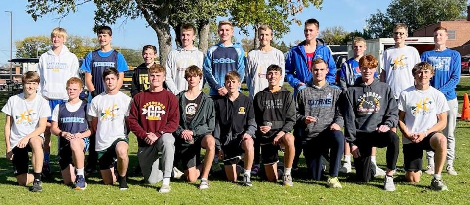 These Region 1B boys division runners qualified for next week's South Dakota High School Cross Country Championships with top 20 finishes during the Region 1B cross country meet on Wednesday, Oct.11, 2023 at the Webster Golf Course. The runners include, from left in front, Josh Thorson, Howard Sumption, Aaron Blachford, Jaxon Quail, Mason Kaiser, Korbin Stark, Xavier Kadlec, Milo Sumption, Landen Johnson and Nathan Melius; and back, Nolan Eidson, Titus Kippley, Kaden Ober, Colton Trooien, Winston Clark, Charlie Olsen, Josiah Wiebe, Beckham Cantalope, Ty Boekelheide and Austin Jenkins.