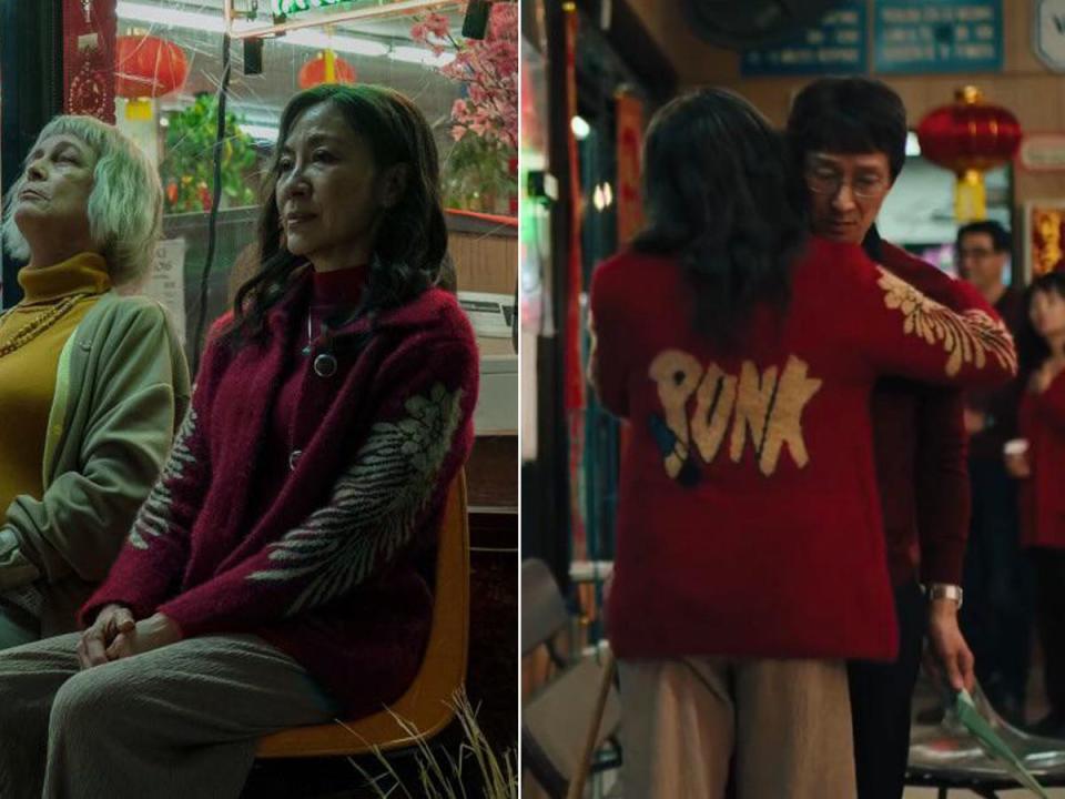 A side-by-side of Evelyn wearing the punk cardigan in "Everything Everywhere All At Once."