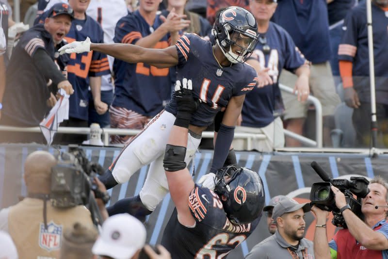 Chicago Bears wide receiver Darnell Mooney (C) celebrates a touchdown against the Green Bay Packers on Sunday at Soldier Field in Chicago. Photo by Mark Black/UPI