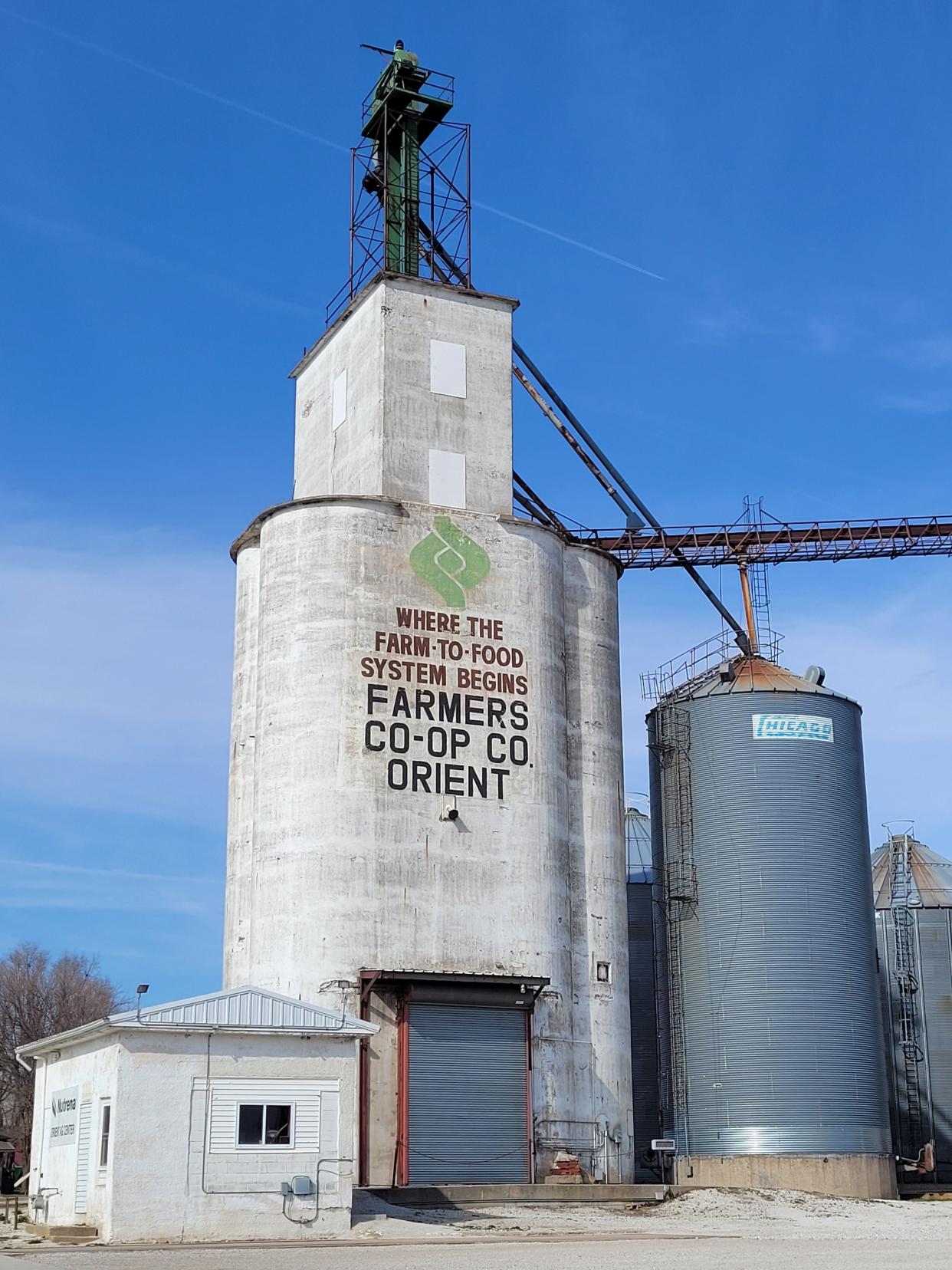 An elevator in Orient, an Adair County town that lost nearly 10% of its population in the last decade. Farmers worry Iowa agriculture could be endangered unless they can get more affordable acess to land.