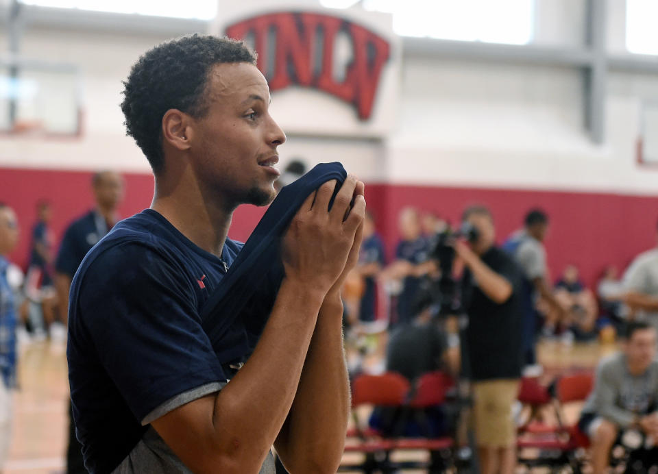 LAS VEGAS, NV - AUGUST 12:  Stephen Curry #49 of the 2015 USA Basketball Men's National Team reacts during a practice session at the Mendenhall Center on August 12, 2015 in Las Vegas, Nevada.  (Photo by Ethan Miller/Getty Images)