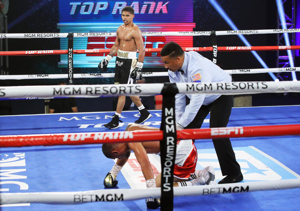 Shakur Stevenson watches after knocking down Felix Caraballo during their main event fight on June 9, 2020 at the MGM Grand in Las Vegas. (Mikey Williams/Top Rank)