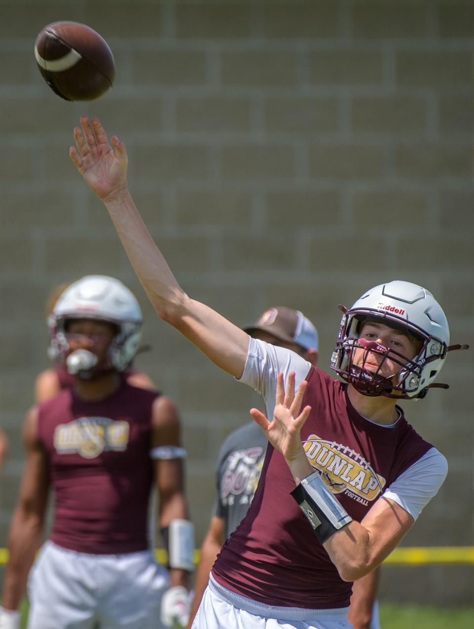 Dunlap quarterback Johnny Bargen passes against IVC during the Washington 7-on-7 camp Saturday, July 22, 2023 at Washington Community High School.