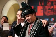 USA Boxing - Manny Pacquiao & Jessie Vargas - Head-to-Head Press Conference - Beverly Hills Hotel, Beverly Hills - 8/9/16Manny Pacquiao during the press conference. REUTERS/Lucy Nicholson