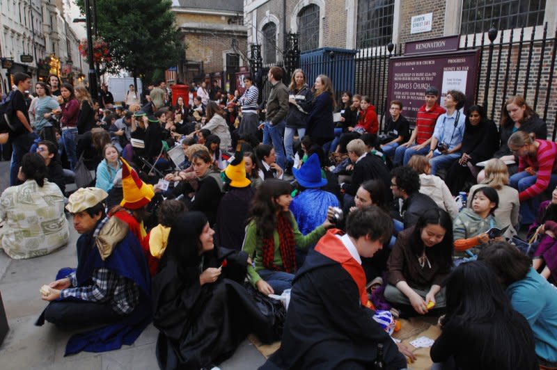 Fans queue for the release of "Harry Potter And The Deathly Hallows" at Waterstone's Bookshop in Piccadilly in London on July 20, 2007. File Photo by Rune Hellestad/UPI