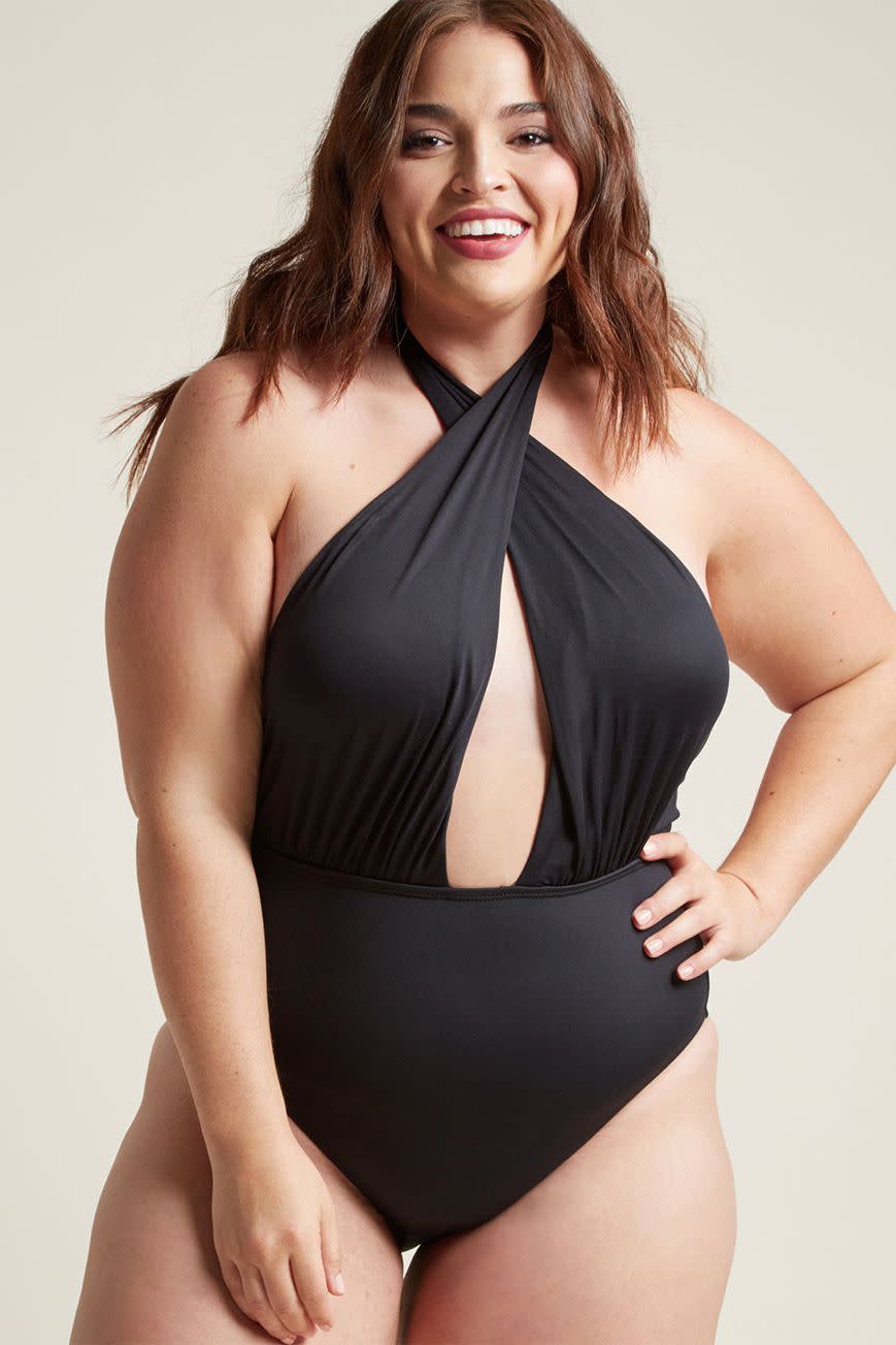 <p><strong>SHOP NOW: </strong>$100, <a href="https://www.modcloth.com/shop/swimwear/beach-the-alternative-one-piece-swimsuit-in-black/156608.html?" rel="nofollow noopener" target="_blank" data-ylk="slk:modcloth.com;elm:context_link;itc:0;sec:content-canvas" class="link ">modcloth.com</a></p><p>A classic black suit is always in style, but adding a criss-cross over the <a href="https://www.redbookmag.com/fashion/style/g19410430/bathing-suits-for-each-body-type/" rel="nofollow noopener" target="_blank" data-ylk="slk:neck is incredibly sexy;elm:context_link;itc:0;sec:content-canvas" class="link ">neck is incredibly sexy</a> and allows you to adjust the amount of coverage you want for your bust area.</p>