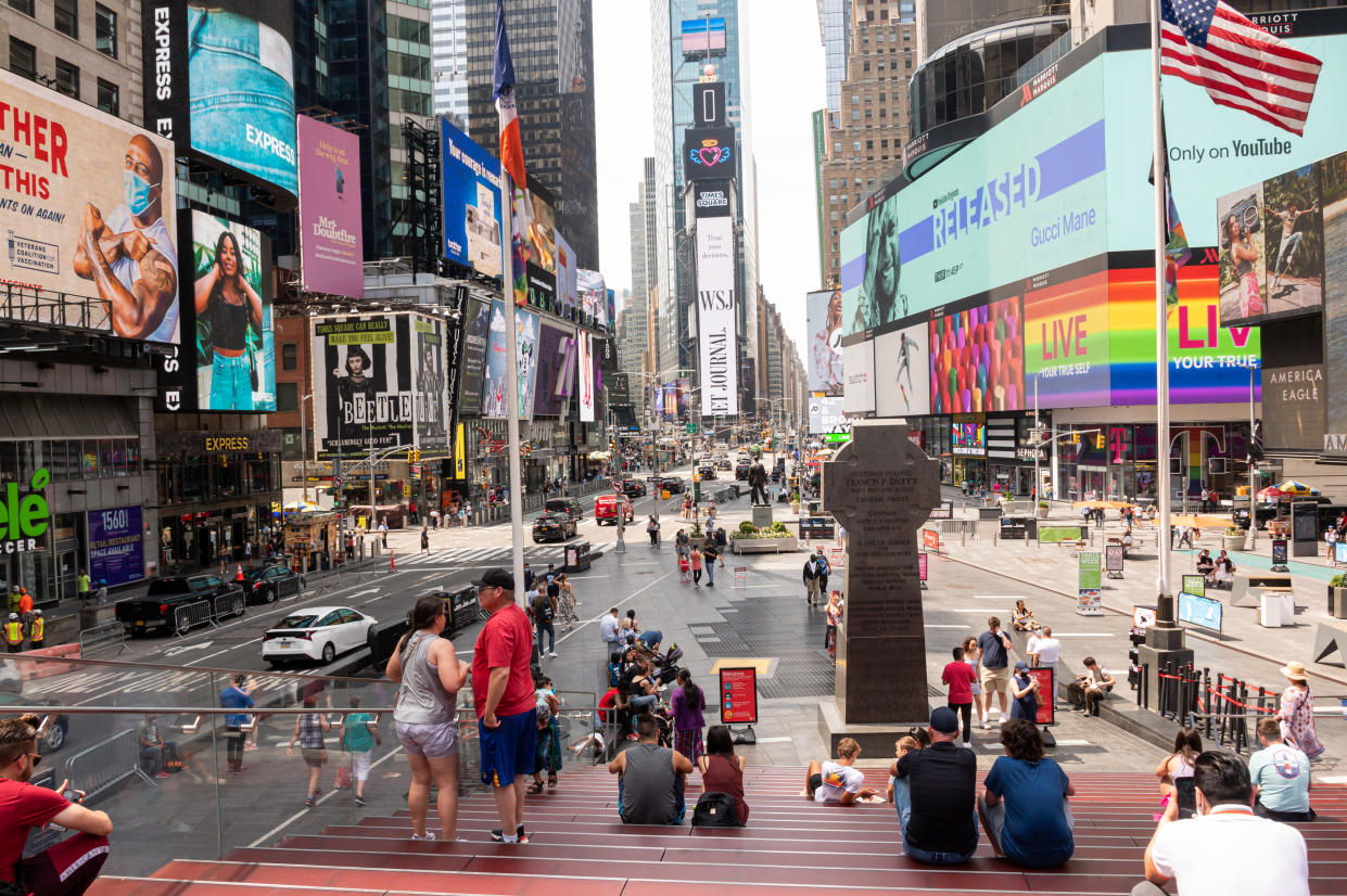 Times Square. On May 19, all pandemic restrictions, including mask mandates, social distancing guidelines and venue capacities, were lifted by New York Gov. Andrew Cuomo. (Noam Galai/Getty Images)