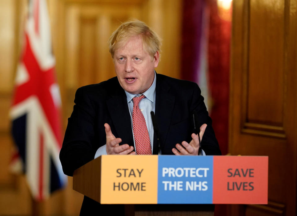 Britain's Prime Minister Boris Johnson speaks during his first remote news conference on the coronavirus disease (COVID-19) outbreak, in London, Britain March 25, 2020. Andrew Parsons/Pool via REUTERS