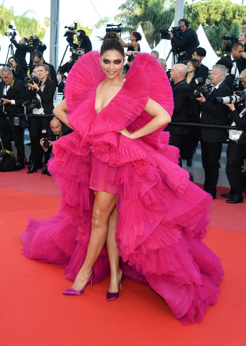 Deepika Padukone at the 2018 Cannes Film Festival in a pink ruffled gown.