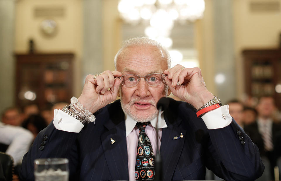 Former NASA astronaut Buzz Aldrin prepares to testify before the Senate Space, Science, and Competitiveness Subcommittee on Capitol Hill, Feb. 24, 2015, in Washington, D.C.