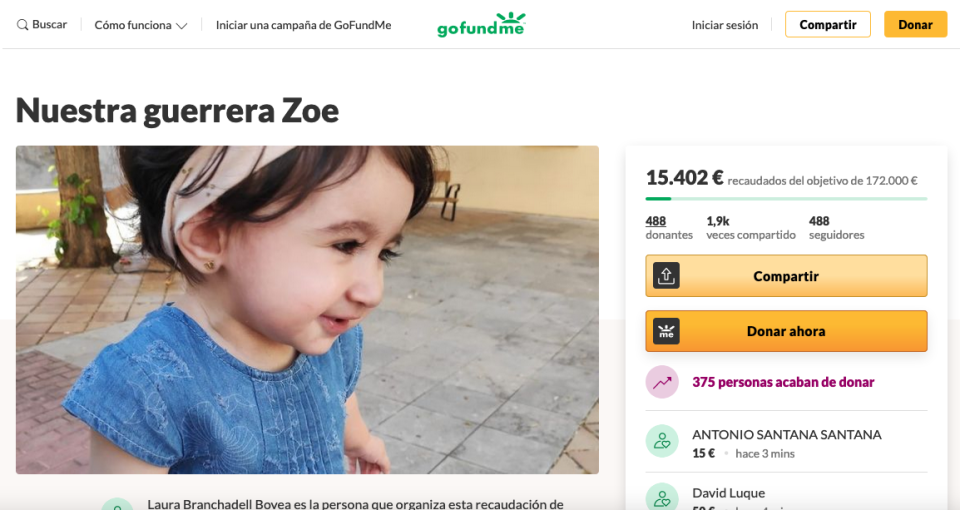 Los padres de Zoe han abierto una campaña en GoFundMe para intentar recaudar los 172.000 euros que necesitan para operar a la pequeña en Boston. (Foto: Captura de GoFundMe)