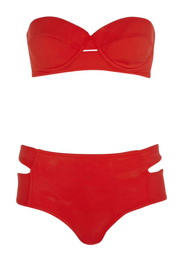 Red Bandeau Bikini Top (£16.00) and Bottoms (£12.00) – River Island