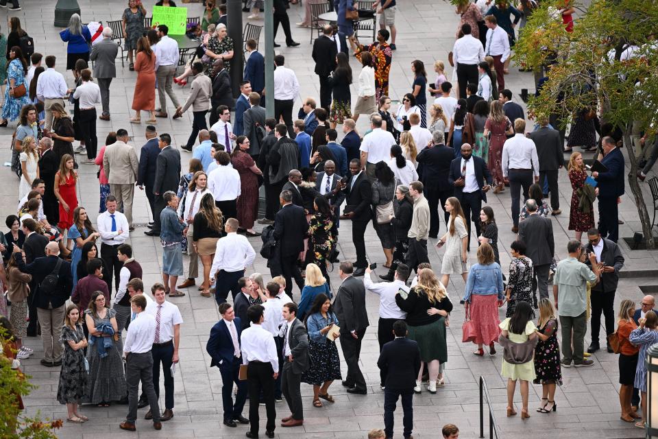 Conferencegoers stand on the plaza and talk after the Saturday afternoon session of the 193rd Semiannual General Conference of The Church of Jesus Christ of Latter-day Saints at the Conference Center in Salt Lake City on Saturday, Sept. 30, 2023. | Scott G Winterton, Deseret News
