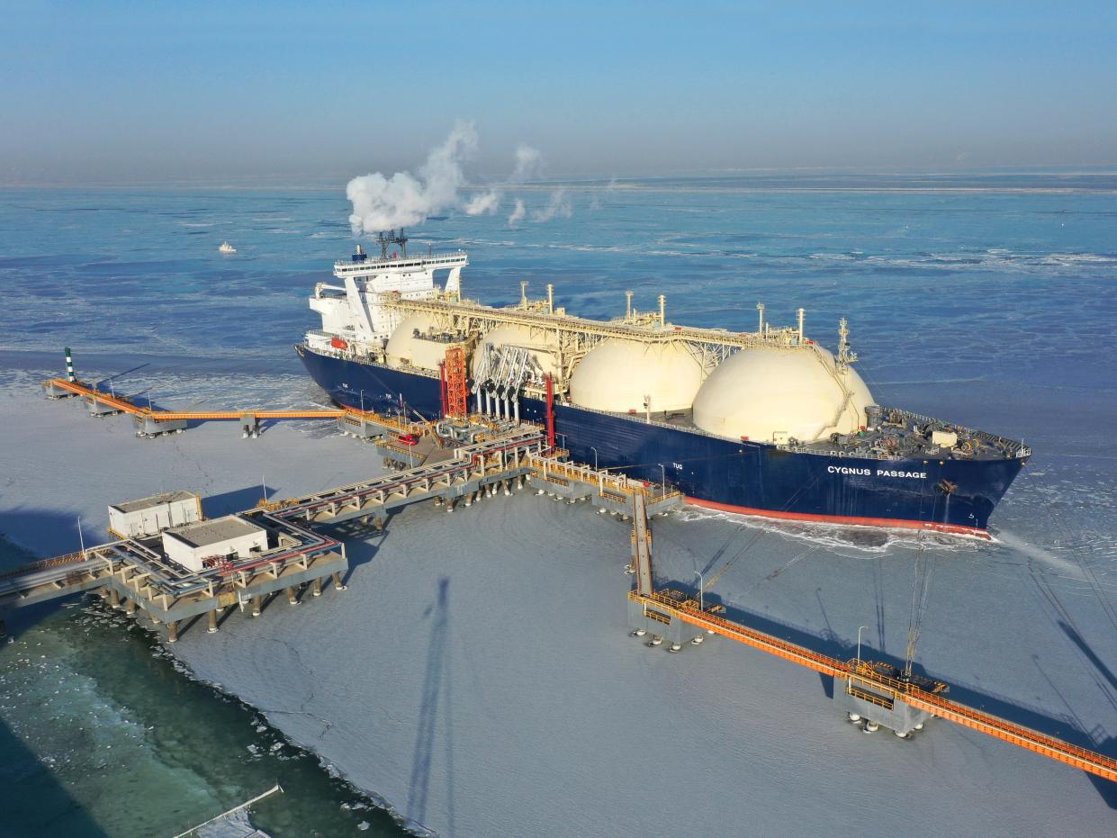 The liquefied natural gas (LNG) cargo ship 'Cygnus Passage' from Russia is berthed at a liquefied natural gas (LNG) terminal operated by China Petrochemical Corporation (Sinopec Group) on January 7, 2021 in Tianjin, China.