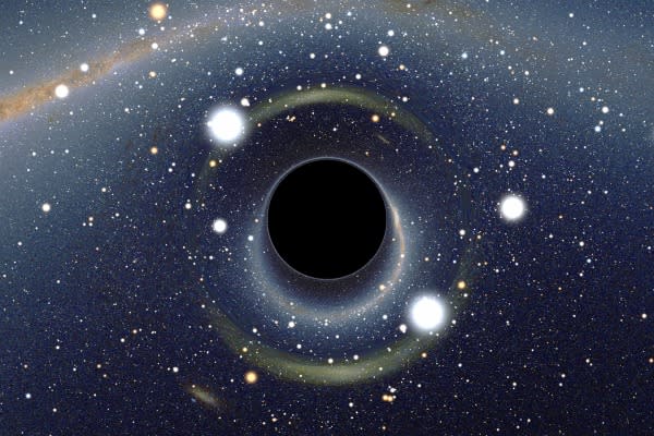 A black circle in the center of the screen is against the dark backdrop of space, speckled with some illustrated stars.