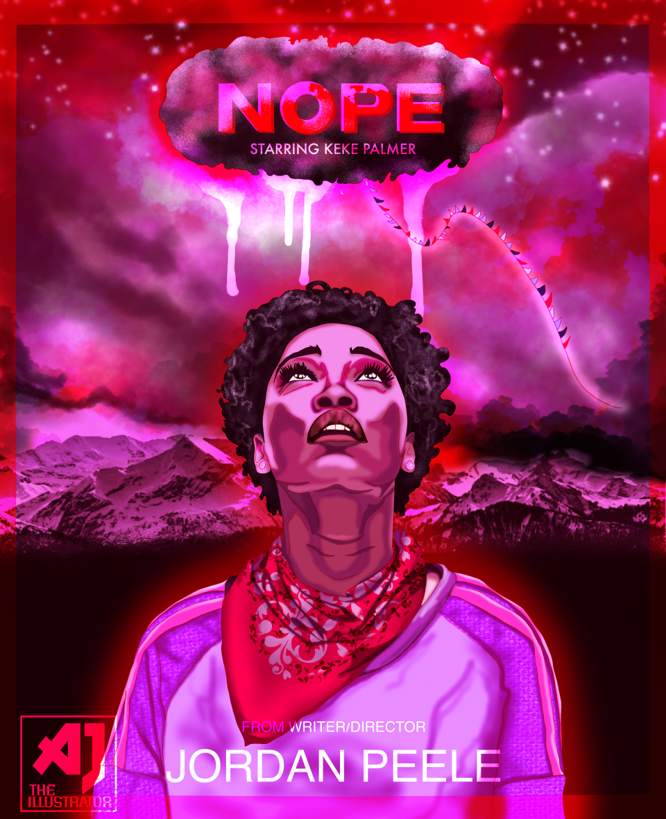 A digital illustration of a "Nope" movie poster by AJ Jenkins, a Springfield-based illustrator and social media content creator. Directed by Jordan Peele, "Nope" was released in 2022.