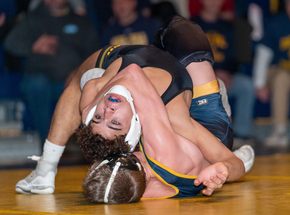Delaware Valley’s Matt Roche beats Hanover Park’s Joey Tantawi in the varsity wrestling 132  lb. weight class on Feb. 10, 2023 evening at the Delaware Valley High School gymnasium in Frenchtown.