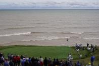 Team Europe's Tommy Fleetwood hits a tee shot on the seventh hole during a practice day at the Ryder Cup at the Whistling Straits Golf Course Wednesday, Sept. 22, 2021, in Sheboygan, Wis. (AP Photo/Jeff Roberson)