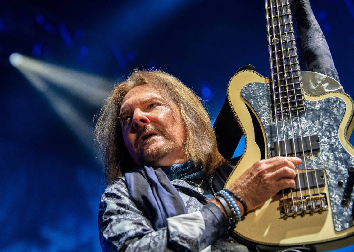 Styx bass player Ricky Phillips in concert with at Raleigh, N.C.’s Coastal Credit Union Music Pavilion at Walnut Creek, Wednesday night, Aug. 10, 2022.