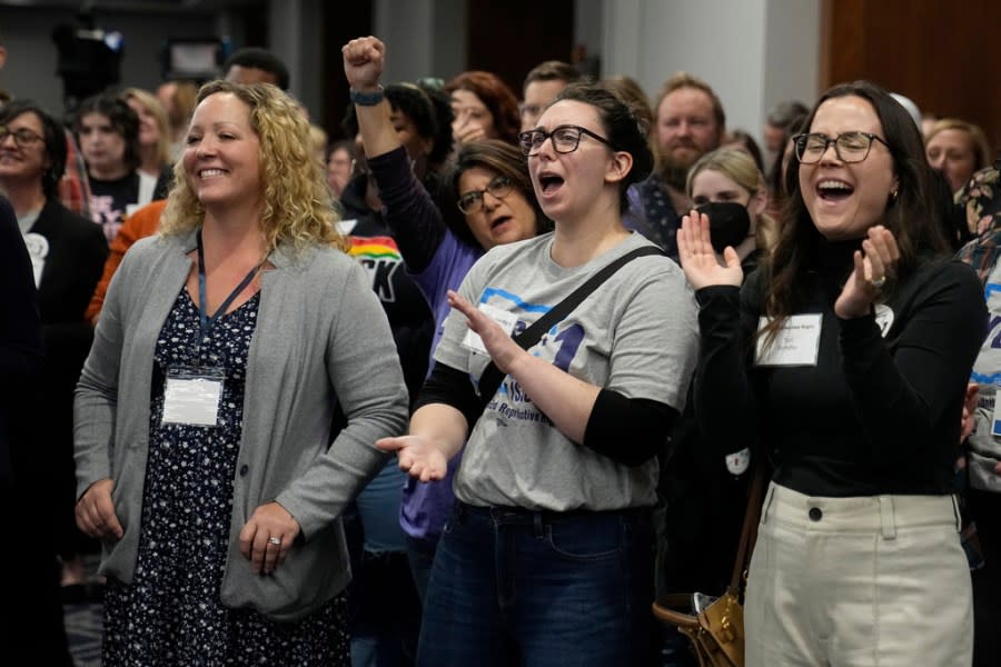 Issue 1 supporters cheer at a watch party, Tuesday, Nov. 7, 2023, in Columbus Ohio. (AP Photo/Sue Ogrocki)