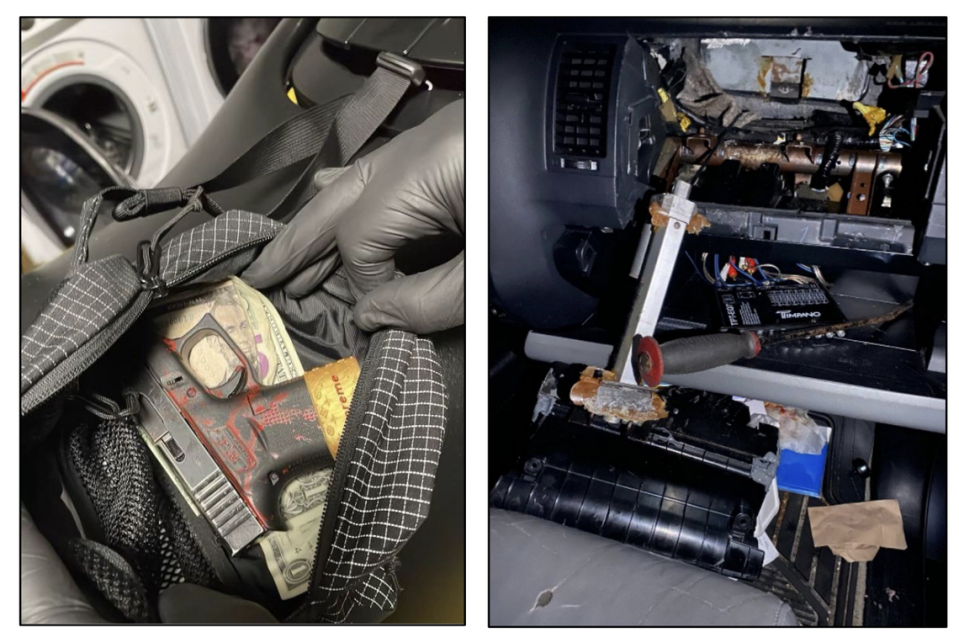 At left, a firearm and money were found in a pouch in the Casselberry, Florida, home of Monicsabel Romero Soto and Giovany Joel Crespo Hernandez, federal agents say. At right, a trap space was found inside the Toyota found in the home’s driveway, agents say. Investigators believe the couple may be connected to the deadly carjacking of 31-year-old Katherine Altagracia Guerrero De Aguasvivas, a Homestead woman. Middle District of Florida