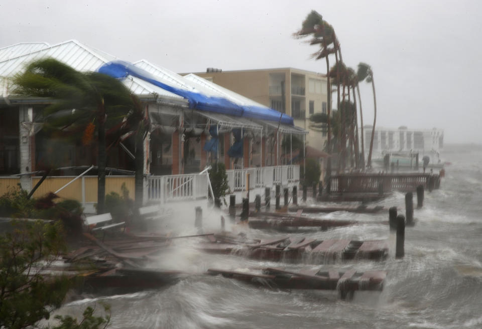 Heavy waves caused by Hurricane Matthew pound the boat docks at the Sunset Bar and Grill in Cocoa Beach, Fla., on Oct. 7, 2016. (Photo: Mark Wilson/Getty Images)