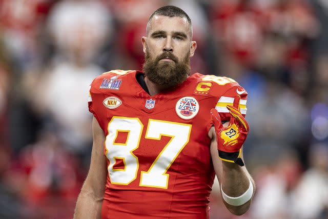 <p>Michael Owens/Getty</p> Travis Kelce at Super Bowl 58 on February 11, 2024 in Las Vegas