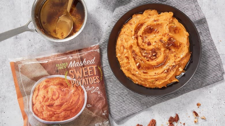 TJ's mashed sweet potatoes in bowl with packaging