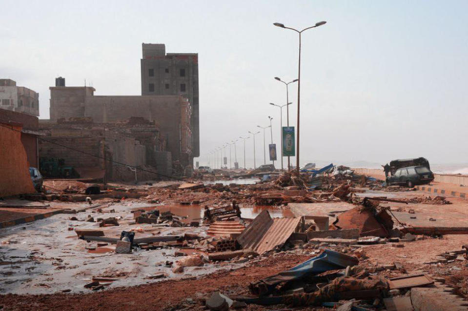 A view of devastation in disaster zones after the floods caused by Storm Daniel ravaged the region, on September 11, 2023, in Derna, Libya. / Credit: Handout/Anadolu Agency via Getty Images