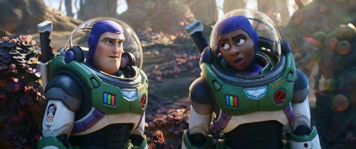 Chris Evans as Buzz Lightyear stands next to Uzo Aduba as Alisha Hawthorne in "Lightyear"