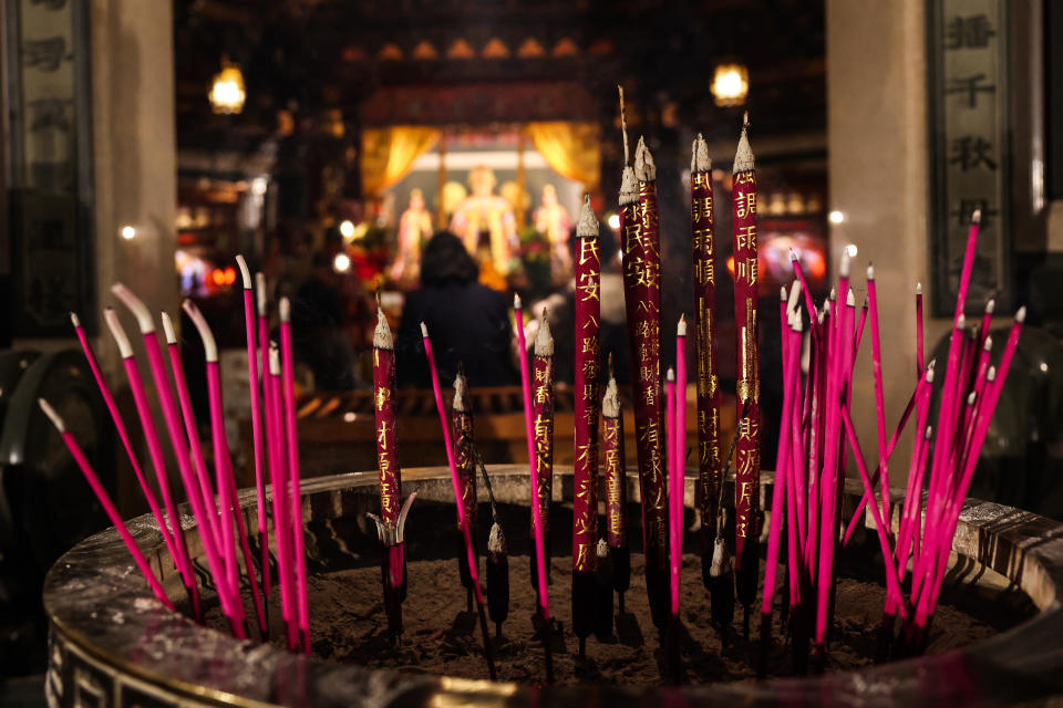 YOKOHAMA, JAPAN - FEBRUARY 10: Incense sticks are seen at Mazu Miao Temple in Yokohama China Town on February 10, 2024 in Yokohama, Japan. Lunar New Year, also known as Chinese New Year, which falls on February 10th this year, welcomes the Year of the Wood Dragon in 2024. (Photo by Takashi Aoyama/Getty Images)