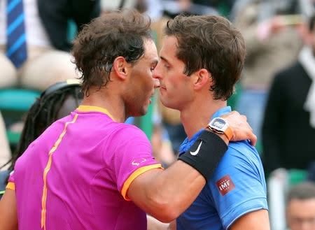 Tennis - Monte Carlo Masters - Monaco - 23/04/17 - Rafael Nadal of Spain hugs his compatriot Albert Ramos-Vinolas after the final of the Monte Carlo Masters. REUTERS/Eric Gaillard