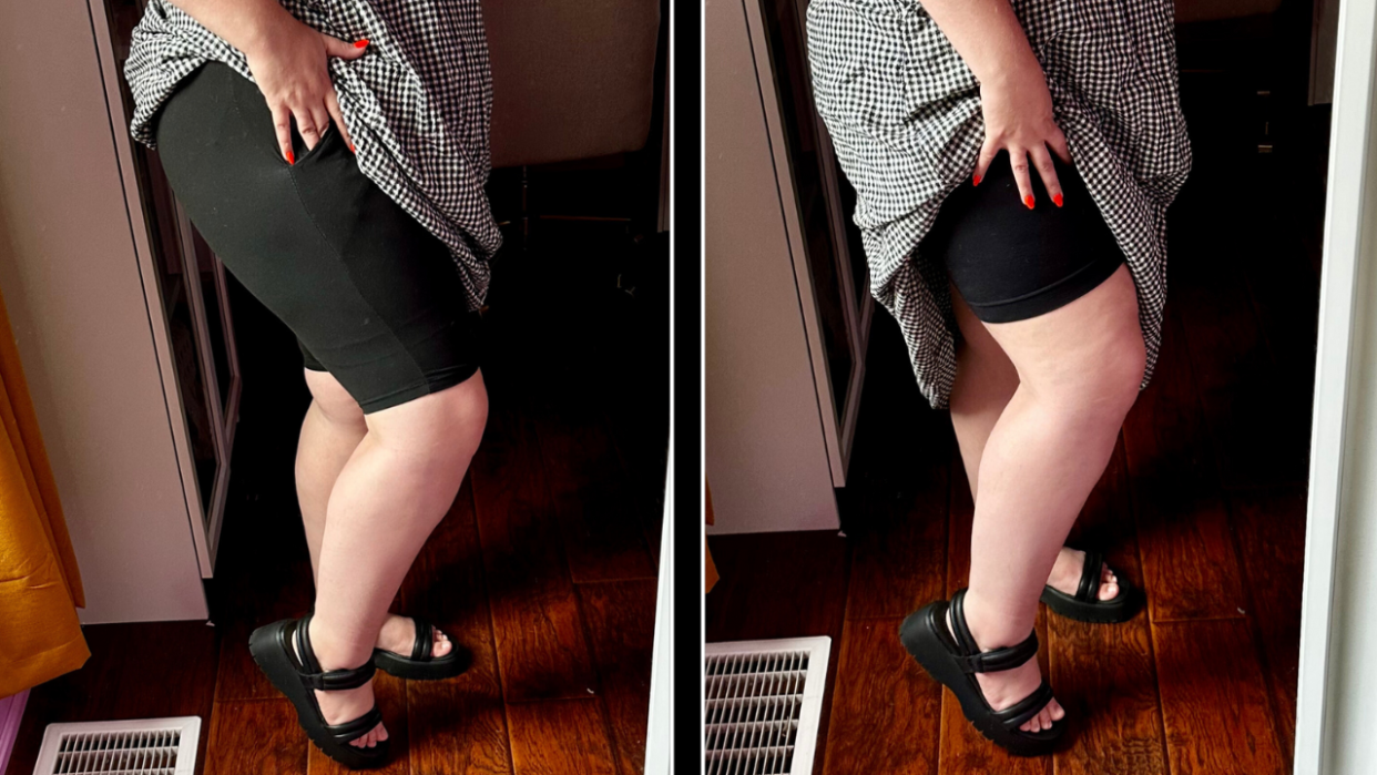 plus size woman wearing black biker shorts underneath black and white gingham dress