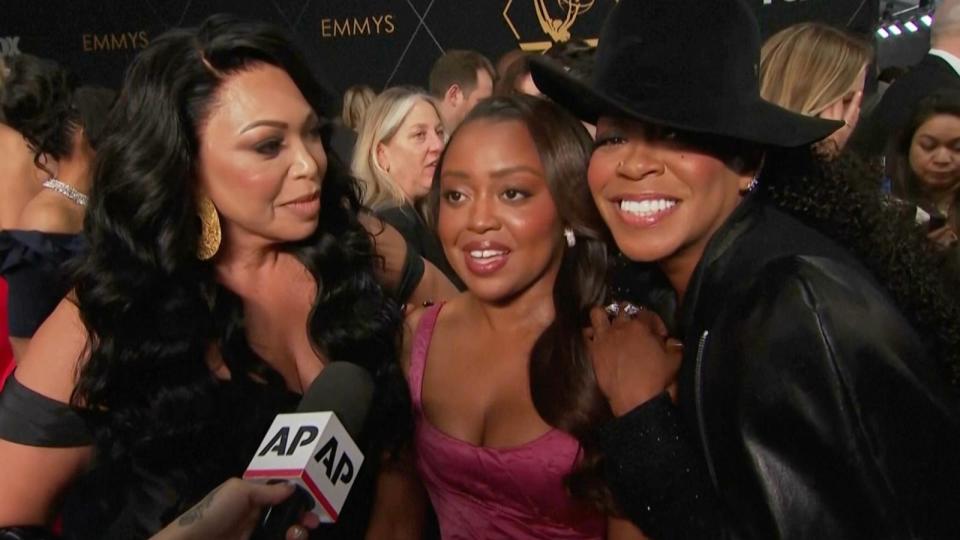 PHOTO: Tisha Campbell, left, Quinta Brunson, center, and Tichina Arnold speak to AP on the red carpet of the Emmys, Jan. 15, 2024, in Los Angeles. (AP)