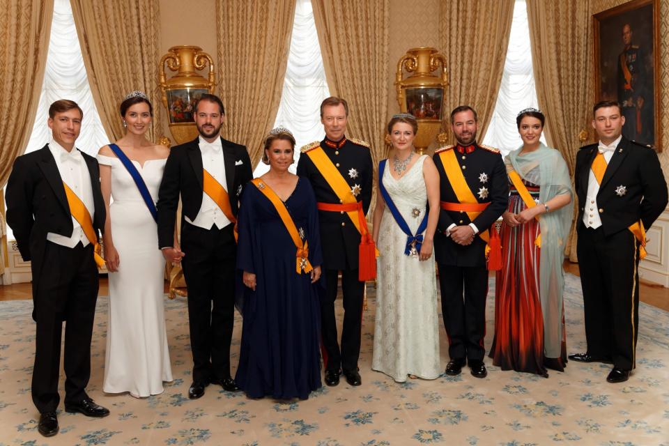 LUXEMBOURG - JUNE 23: Prince Louis of Luxembourg, Princess Claire of Luxembourg and Prince Felix of Luxembourg, Grand Duchess Maria Teresa of Luxembourg and Grand Duke Henri of Luxembourg, Princess Stephanie, Prince Guillaume of Luxembourg, Princess Alexandra of Luxembourg, Prince Sebastien of Luxembourg pose for photographers before the official dinner for National Day at the ducal palace on June 23, 2018 in Luxembourg, Luxembourg. (Photo by Sylvain Lefevre/Getty Images )