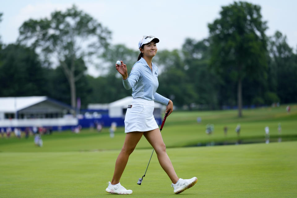 Rose Zhang reacts as she walks off the 18th green after finishing her final round of the Women's PGA Championship golf tournament, Sunday, June 25, 2023, in Springfield, N.J. (AP Photo/Matt Rourke)