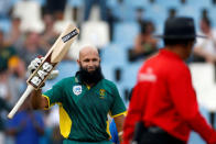 Cricket - South Africa v Sri Lanka - Fifth One Day International cricket match - SuperSport Park Stadium, Centurion, South Africa - 10/2/17 - South AfricaÕs Hashim Amla celebrates his century. REUTERS/Siphiwe Sibeko