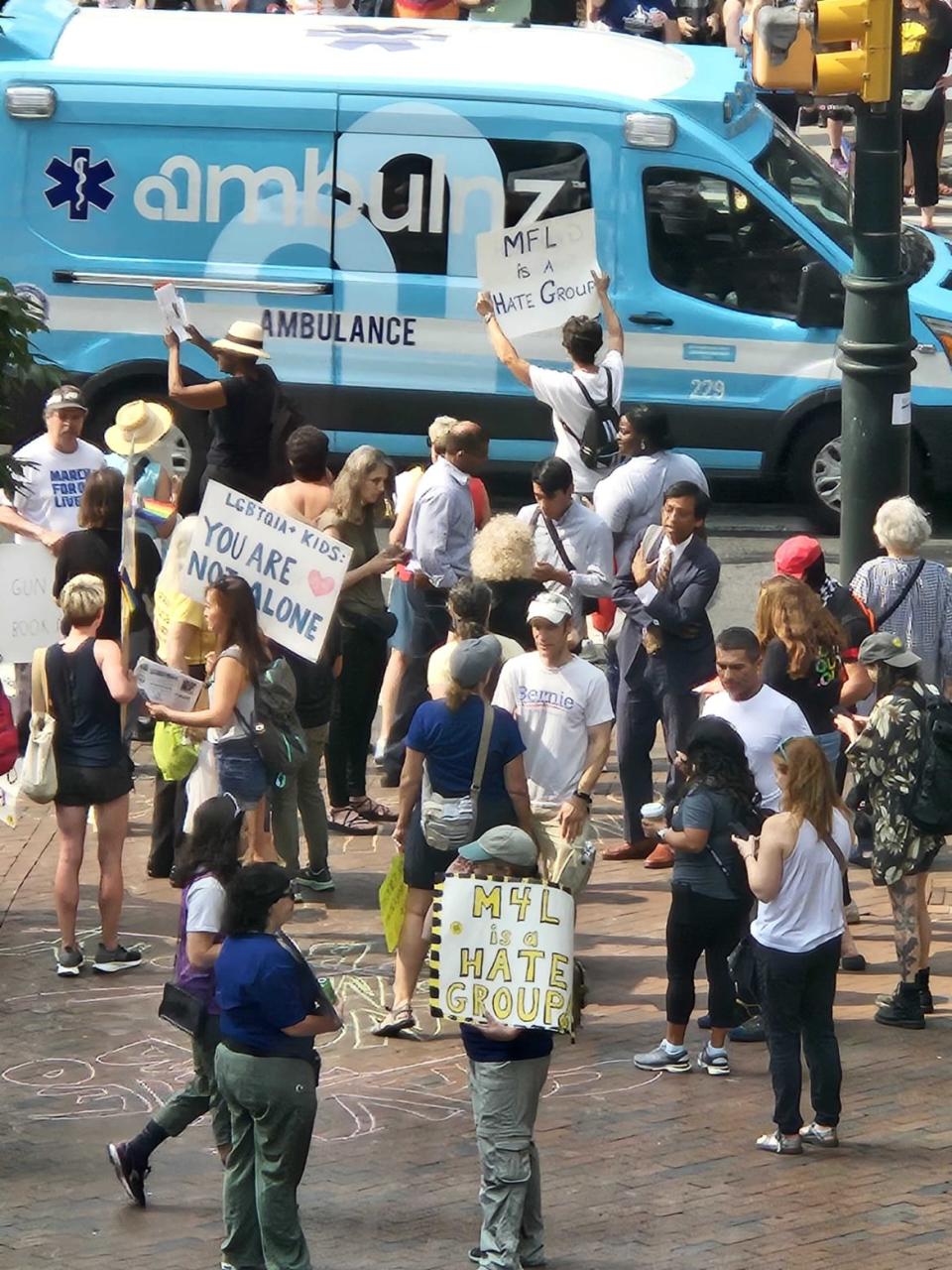 Protesters massed outside the Moms for Liberty summit at the Philadelphia Marriott Downtown, where Donald Trump and Ron DeSantis were planned to speak.