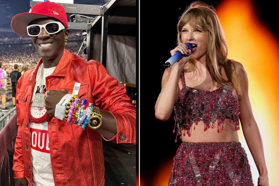 <p>FlavorFlav/Twitter, Natasha Moustache/TAS23/Getty</p> Flavor Flav, Taylor Swift