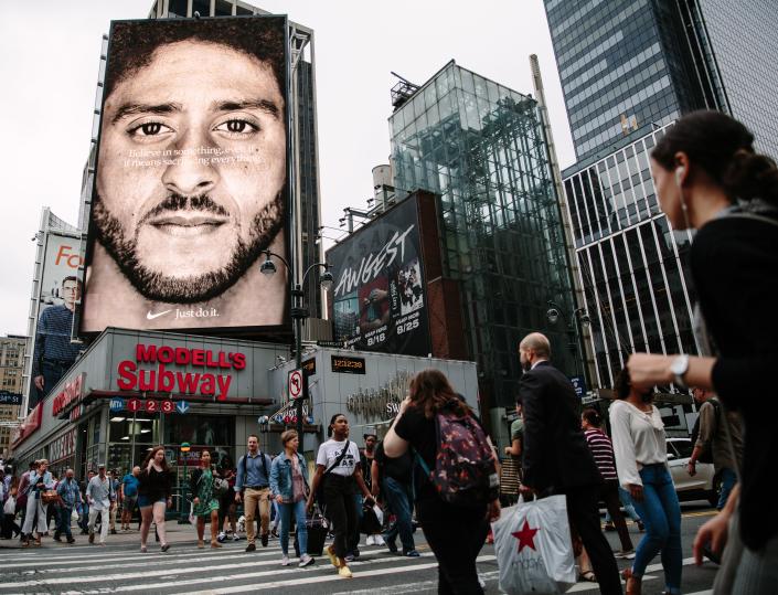 A new Nike ad campaign billboard featuring NFL quarterback Colin Kaepernick can be seen in midtown Manhattan, in New York, New York, USA, 07 September 2018.Nike campaign featuring Colin Kaepernick ad in New York, USA - 07 Sep 2018