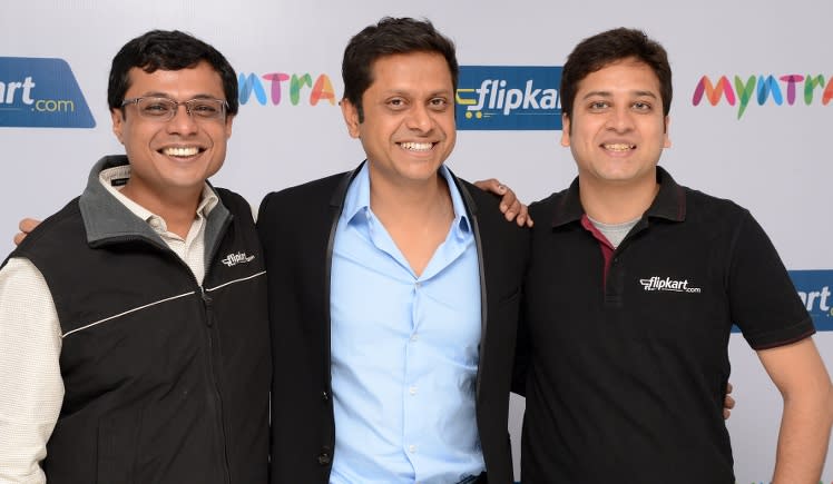 L-R Sachin Bansal, Co founder & CEO, Flipkart, Mukesh Bansal, Co-founder and CEO of Myntra, Binny Bansal, Co founder & COO, Flipkart