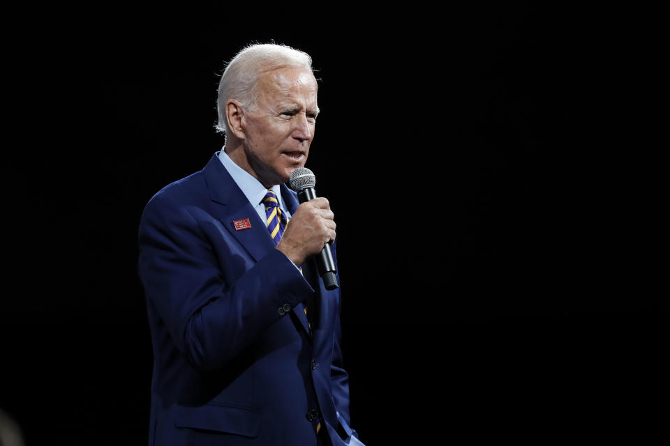 FILE - In this Aug. 10, 2019, file photo, Democratic presidential candidate former Vice President Joe Biden speaks in Des Moines, Iowa. (AP Photo/Charlie Neibergall, File)