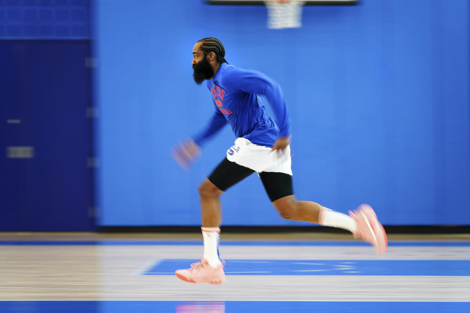 Philadelphia 76ers' James Harden runs a drill during practice at the NBA basketball team's facility, in Camden, N.J., Tuesday, March 1, 2022. (AP Photo/Matt Rourke)