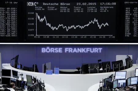 Traders are pictured at their desks in front of the DAX board at the Frankfurt stock exchange February 23, 2015. REUTERS/Staff/remote