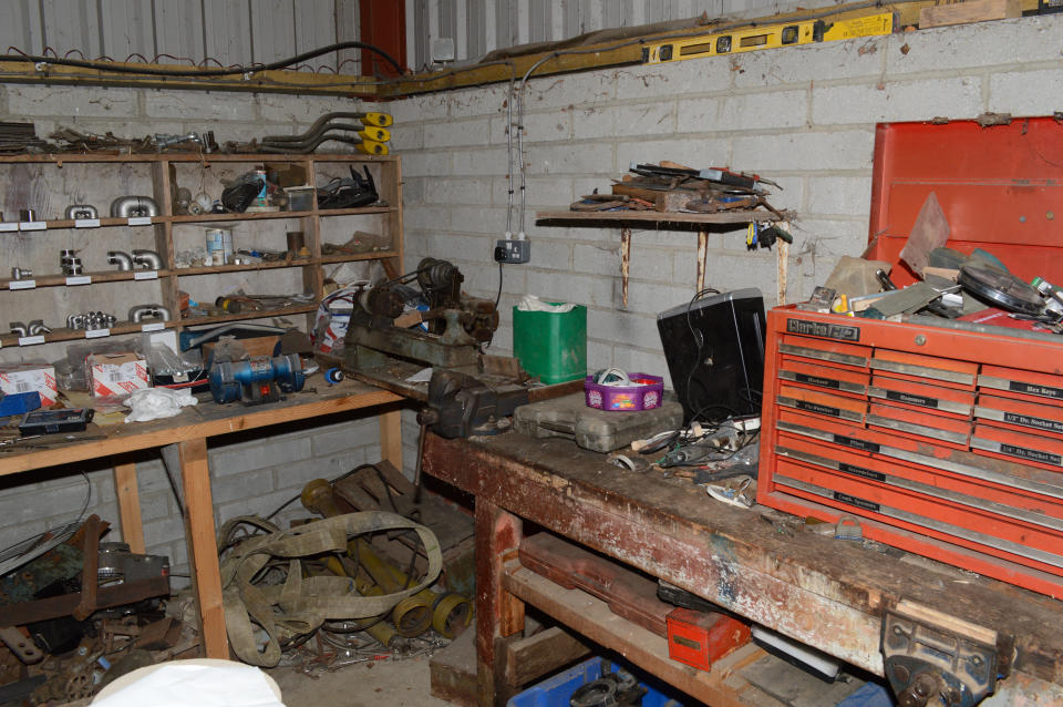 Nigel Wright's workshop. The farmer from Market Rasen, Lincolnshire, hatched a plot to get rich by deliberately contaminating jars of Heinz baby food between May 2018 and February 2020. (SWNS)