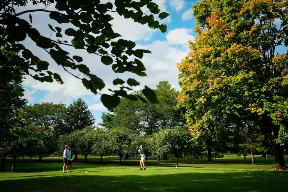 Sep 8, 2023; Carroll, OH, USA; Chase Denney of Liberty Union tees off on the eighth hole at Pine Hill Golf Course.