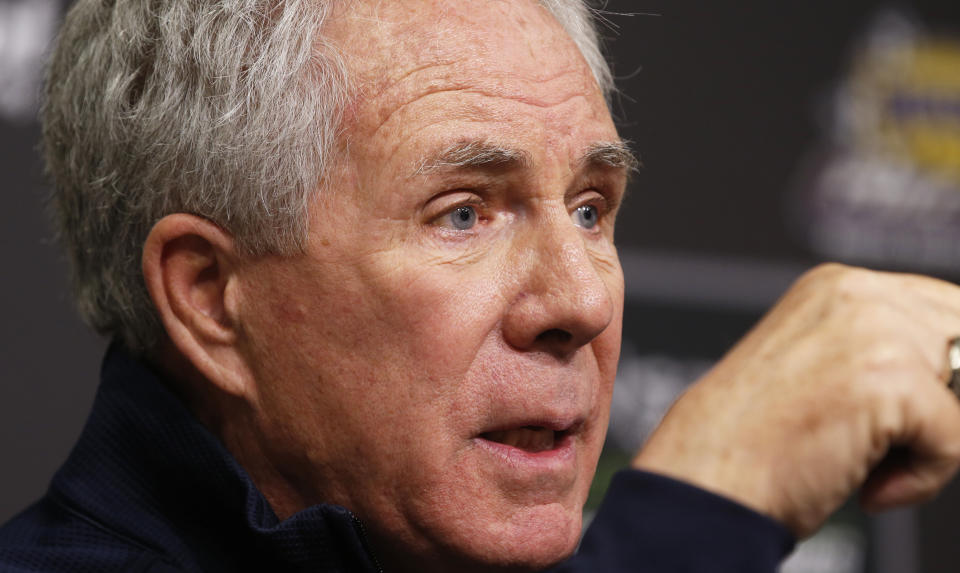 Hall of Fame driver and FOX television announcer Darrell Waltrip speaks to the media during a press conference announcing his retirement from the booth before practice for a NASCAR Cup Series auto race, Friday, April 5, 2019, in Bristol, Tenn. (AP Photo/Wade Payne)