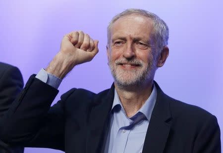 The new leader of Britain's opposition Labour Party Jeremy Corbyn gestures as he aknowledges applause after addressing the Trade Union Congress (TUC) in Brighton in southern England, September 15, 2015. REUTERS/Peter Nicholls